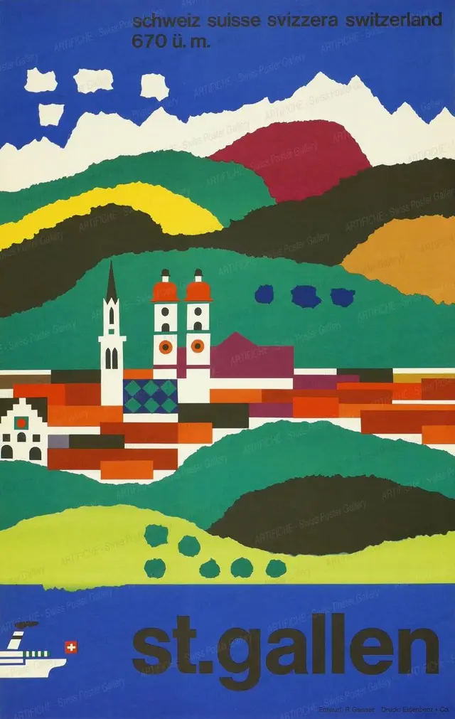 St. Gallen travel poster — stylized Alps and town
