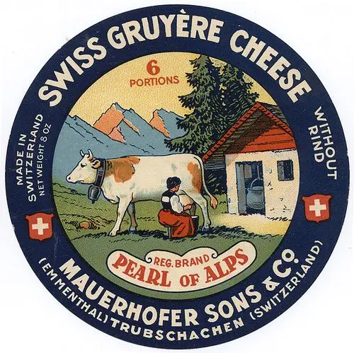 Vintage "Pearl of Alps" Swiss Gruyère cheese label — Mauerhofer Sons & Co.