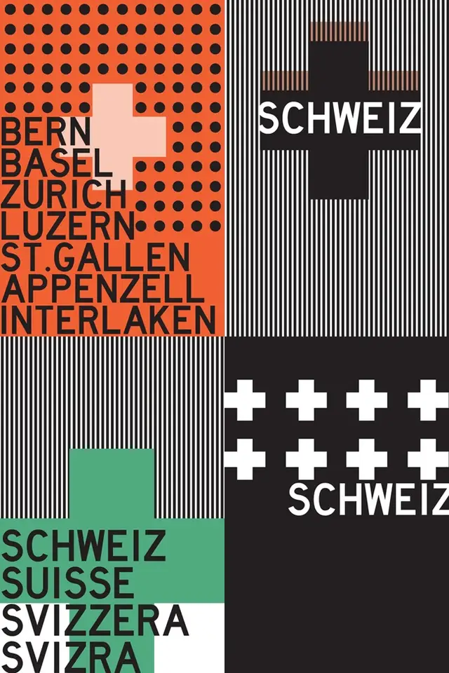 Four-panel Swiss typographic poster with crosses and city names