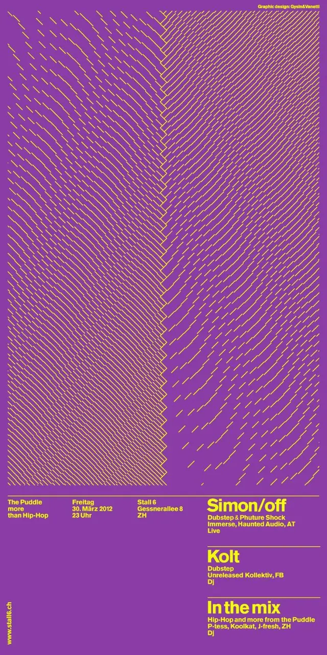 Purple and yellow Stall 6 club poster — Simon/off, Kolt, In the mix (30 March 2012)