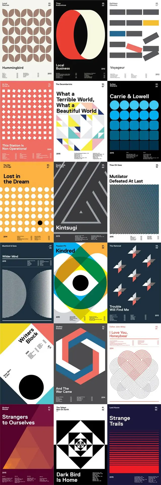 Grid of minimalist geometric album posters