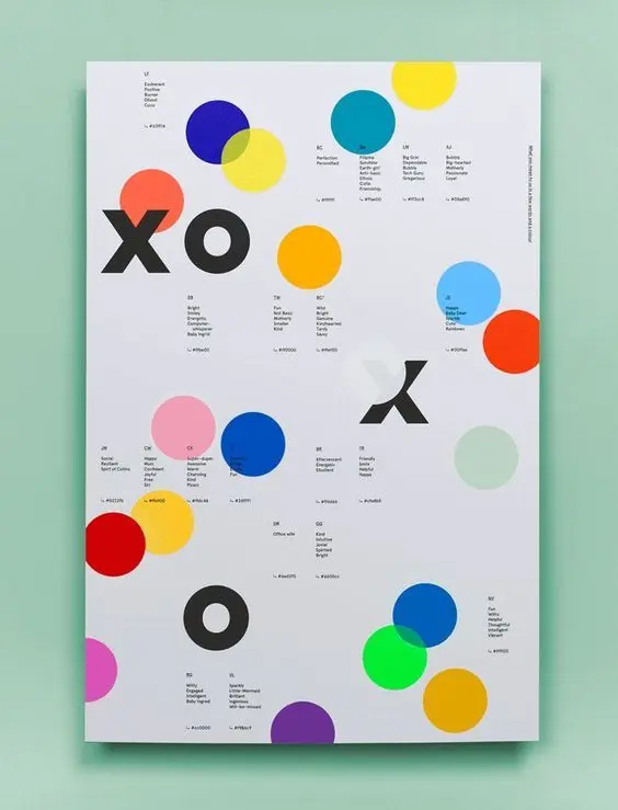 Poster with colorful circular swatches and bold 'XO' typography