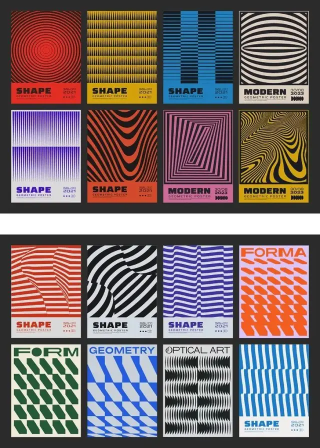 Grid of geometric op‑art poster designs (SHAPE / FORMA series)
