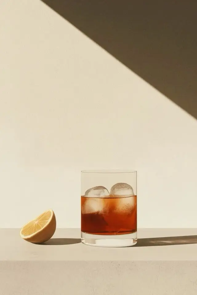 Minimalist cocktail still life — glass with ice spheres and halved lemon