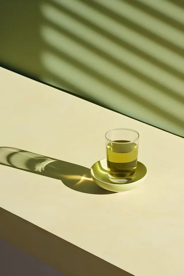 Minimalist still life — glass on saucer with blinds' shadows