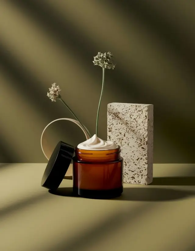 Amber glass skincare jar with cream, black lid and textured stone — minimalist product-sty