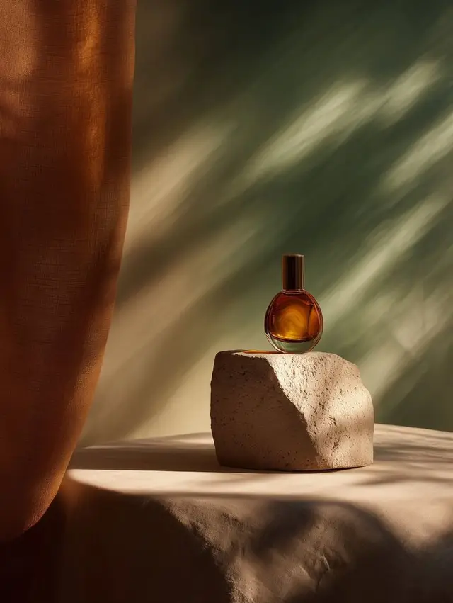 Amber glass perfume bottle on plaster stone with sunlit terracotta drapery