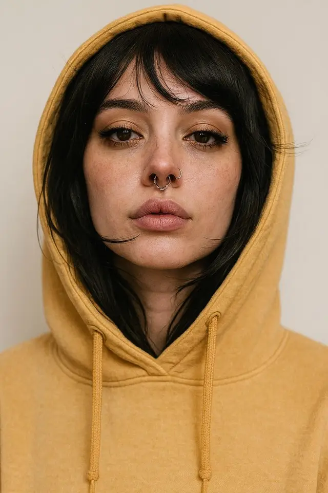 Close-up portrait of person in mustard yellow hoodie with septum hoop
