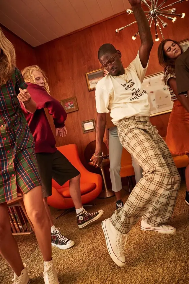 Mid‑Century Living Room Dance — Plaid Trousers & Orange Egg Chair