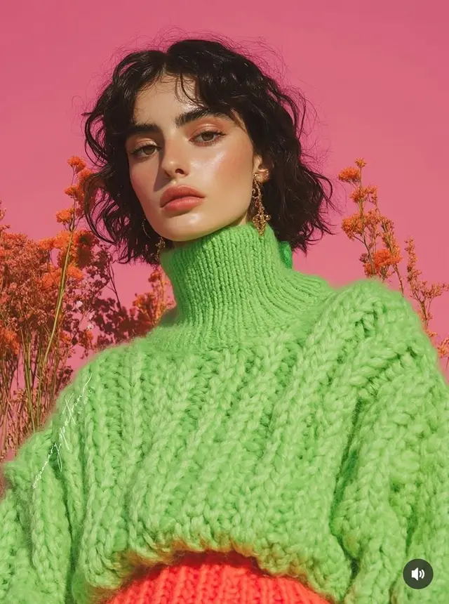 Editorial portrait — neon green chunky turtleneck on bubblegum-pink backdrop