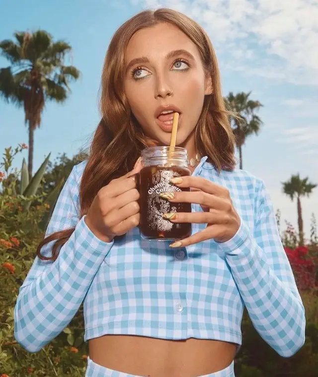 Blue gingham crop top — mason jar iced coffee portrait