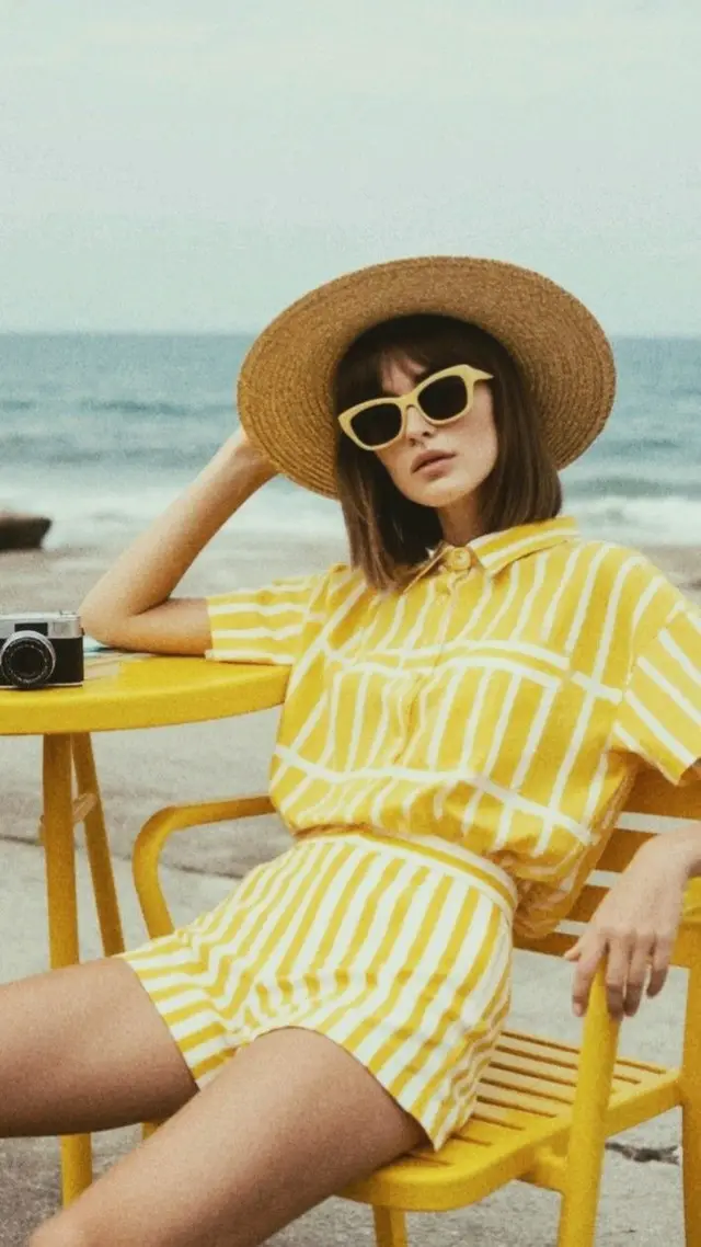 Retro yellow-striped summer set with straw hat by the sea
