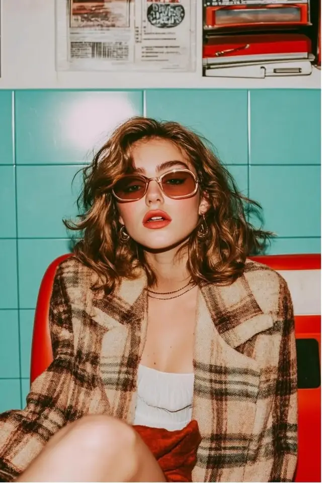 Retro diner portrait — plaid blazer and rose-tint sunglasses