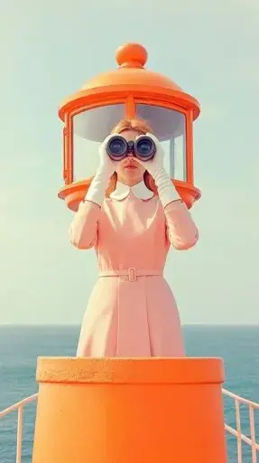 Woman in pastel pink dress scanning the sea with binoculars at orange lighthouse