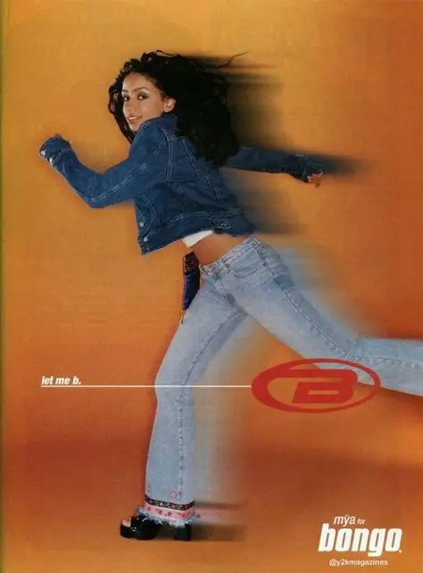 Mya for Bongo — flared light-wash jeans ad on orange backdrop