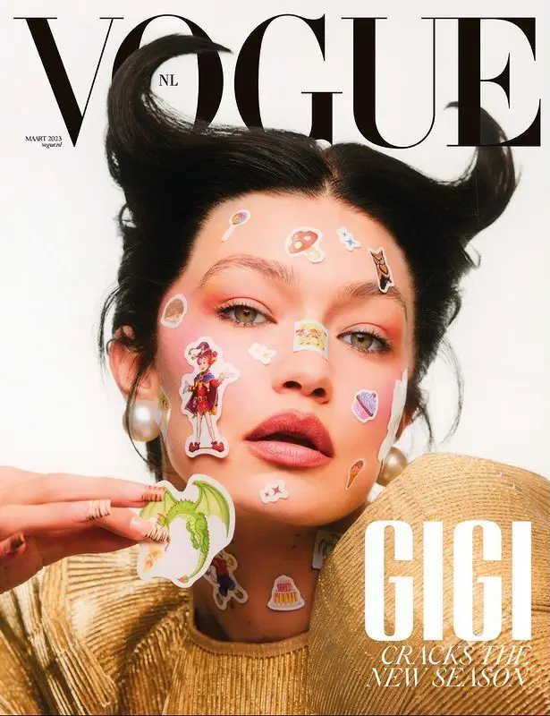 Vogue NL cover (March 2023) — close-up fashion portrait with sticker collage