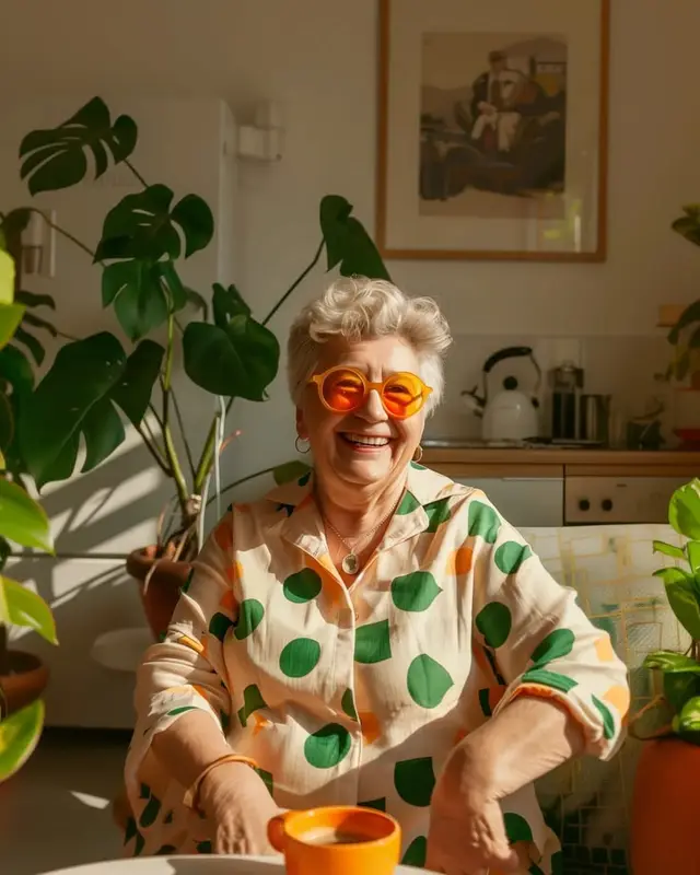Smiling woman in green polka-dot shirt and orange sunglasses holding orange mug in plant‑l