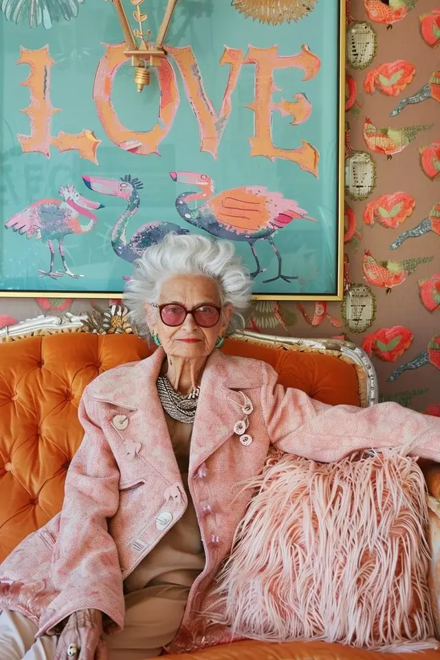 Silver‑haired woman on orange tufted sofa under 'LOVE' flamingo print