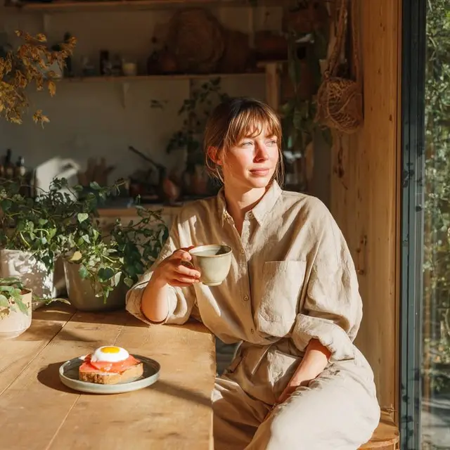 Sunlit breakfast: woman in linen with ceramic mug and smoked-salmon toast