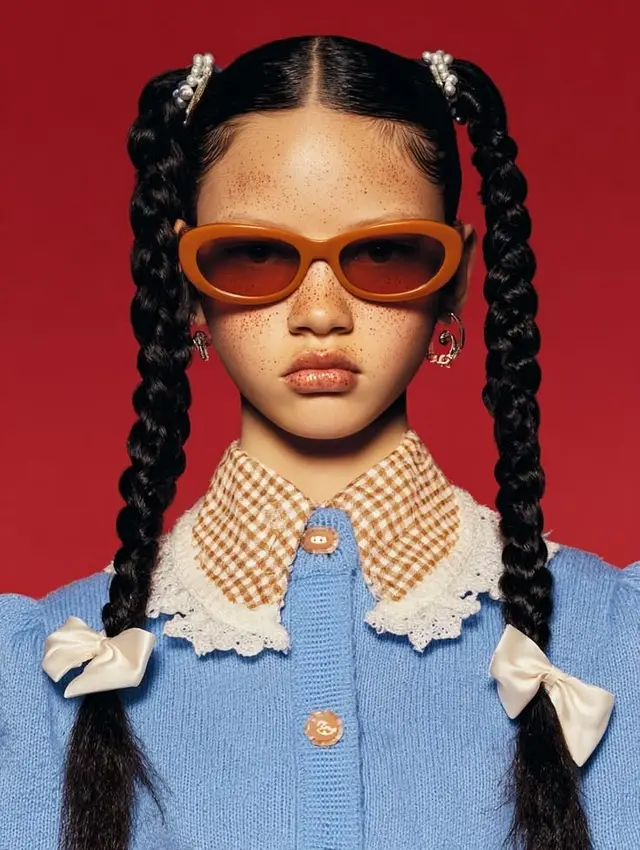 Editorial portrait — braided pigtails with amber cat-eye sunglasses and blue knit cardigan