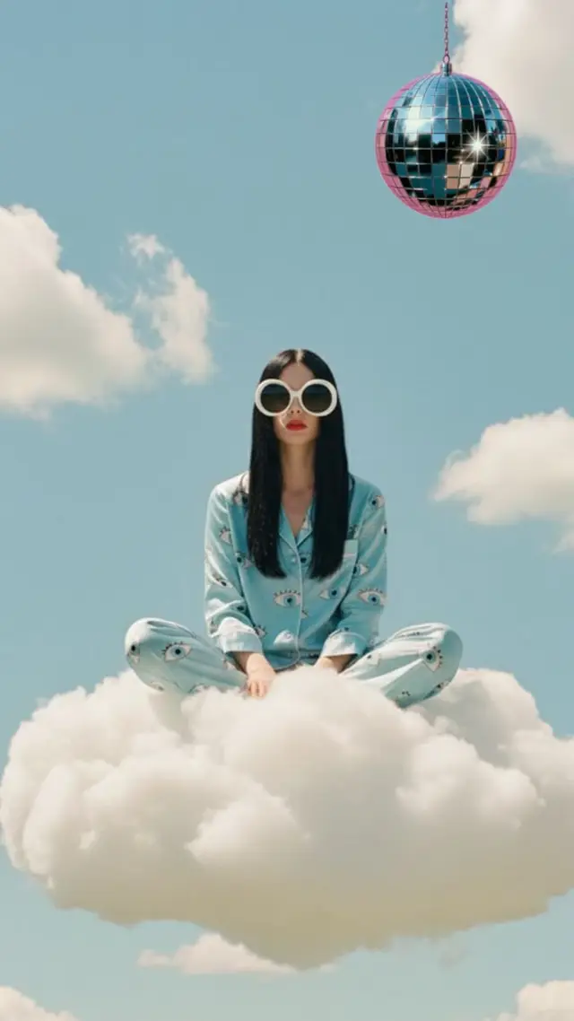 Woman in eye-print blue pajamas sitting on a floating cloud with a pink mirror disco ball