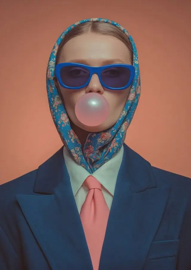 Retro fashion portrait — floral headscarf, blue sunglasses, pink bubble