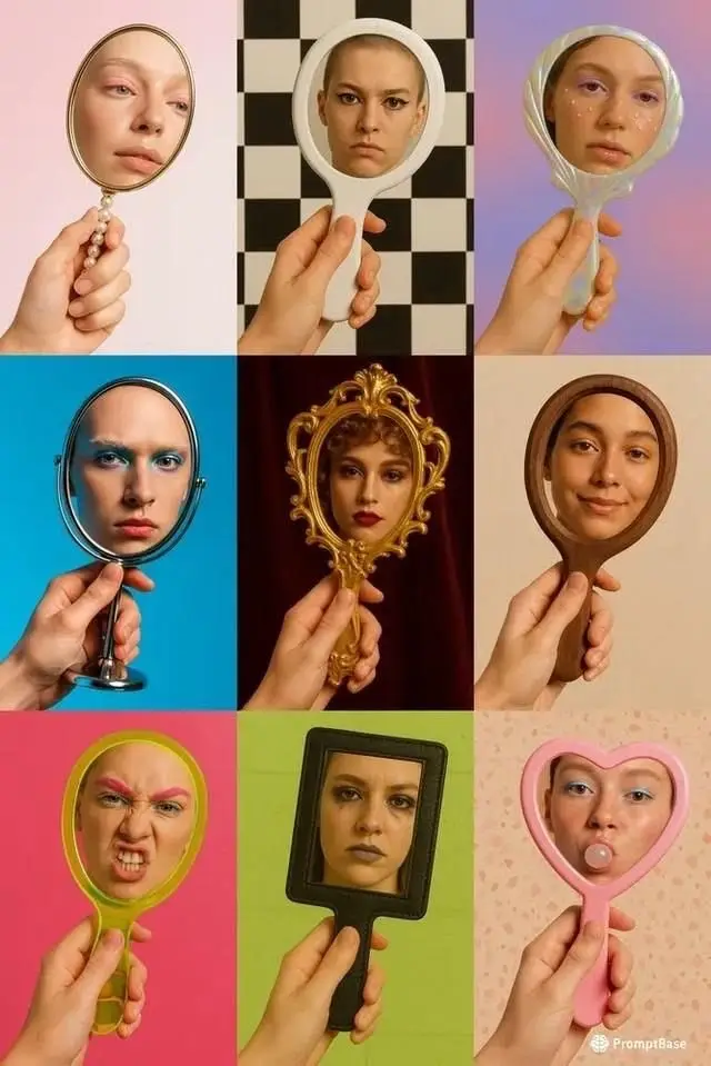 Nine-panel handheld mirror collage — portraits and makeup moods