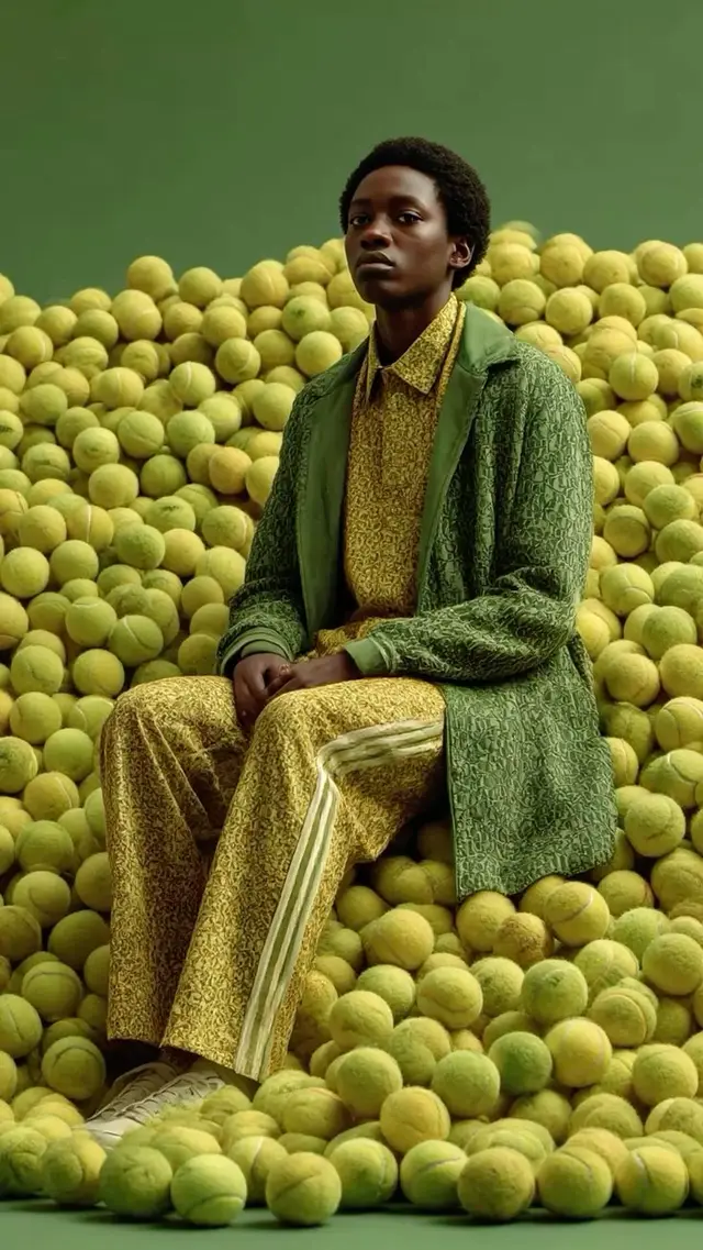 Fashion editorial: model seated on mound of tennis balls