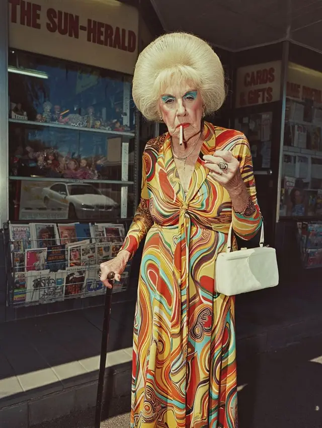Elderly woman in 1970s swirl-print dress outside The Sun-Herald newsagent
