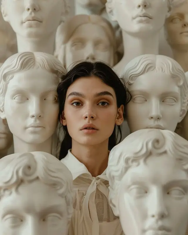 Fine-art portrait: woman surrounded by classical plaster busts