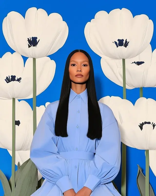 Sky‑blue button‑up dress editorial with oversized white tulip backdrop