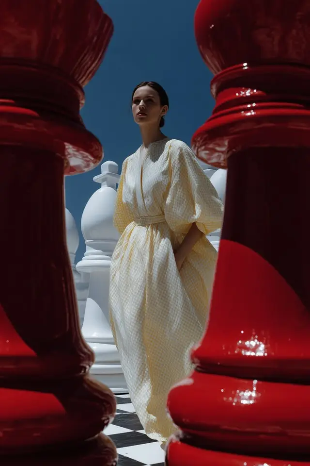 Fashion editorial — Model in pale yellow gown on giant chessboard
