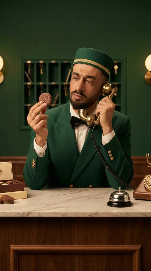 Bellhop in emerald uniform inspects chocolate at vintage hotel desk