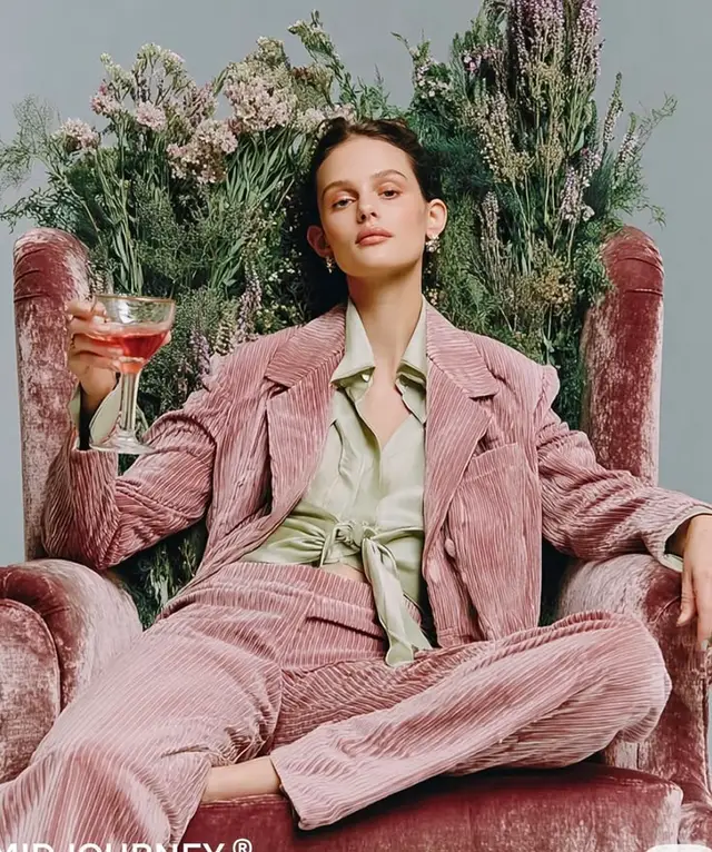 Dusty Pink Corduroy Suit with Sage Satin Tie-Blouse — Editorial Portrait