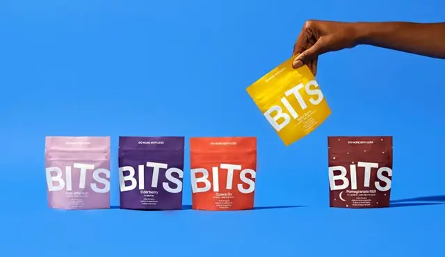 BITS resealable snack pouches on bright blue studio background