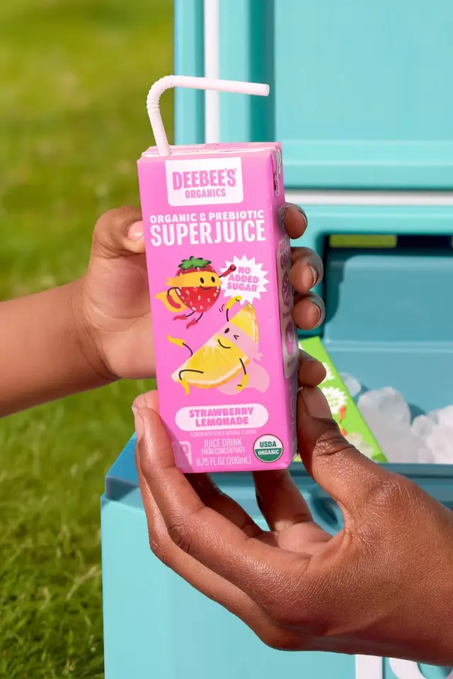 Deebee's Organic Strawberry Lemonade Superjuice — pink single-serve juice box