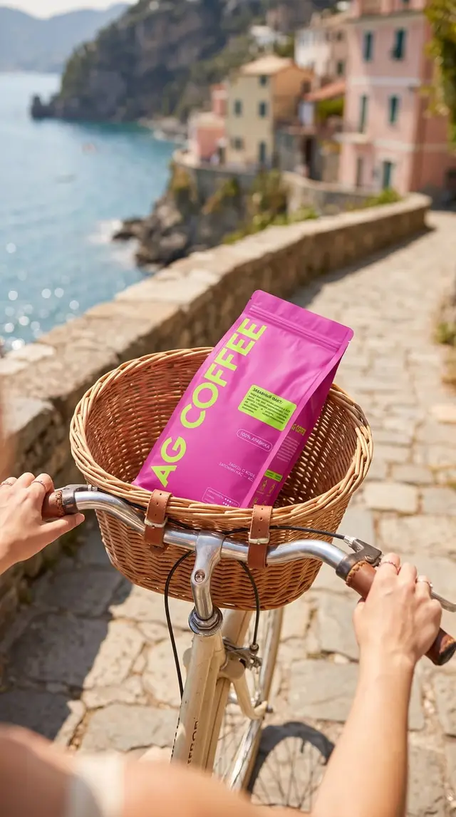 Wicker bike basket with magenta coffee bag on seaside cobblestone path