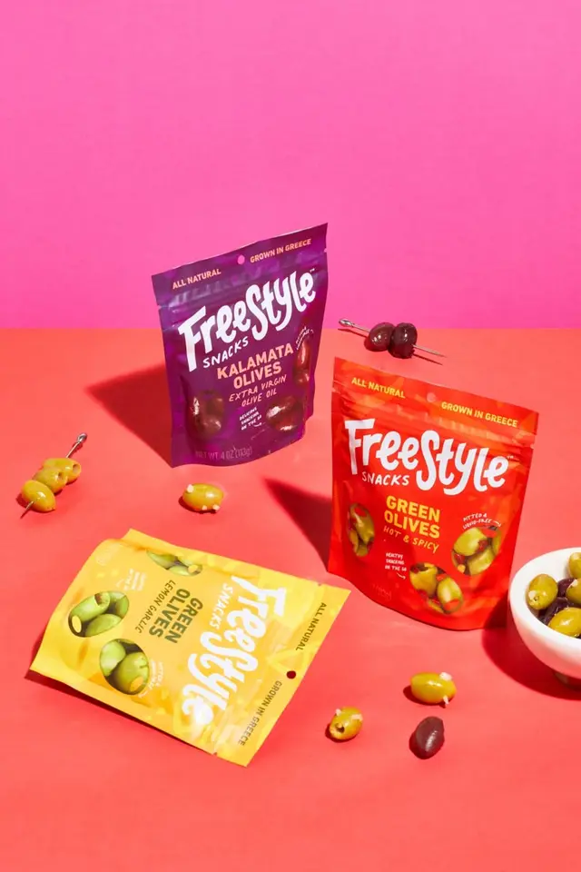 Freestyle Snacks olive pouch trio — Kalamata, Hot & Spicy Green, Lemon Garlic Green