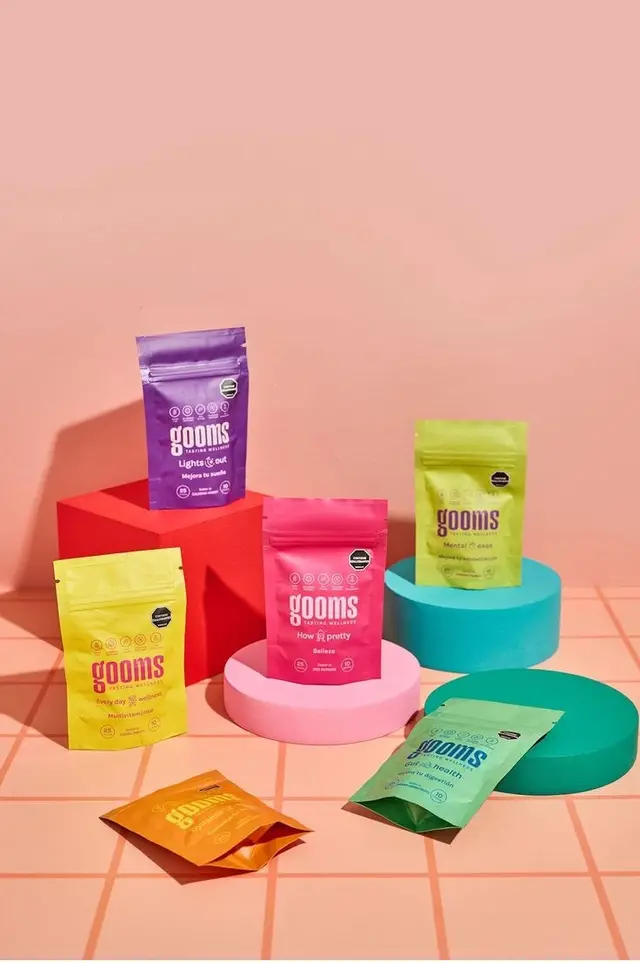 Gooms colorful resealable pouch packaging — pastel studio product shot