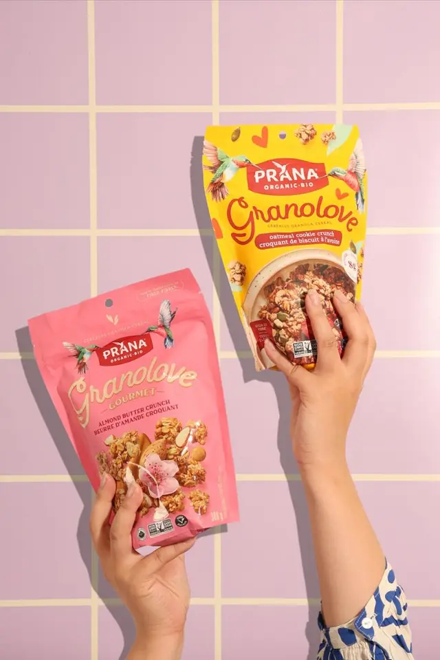 PRANA Granolove resealable granola pouches — pink Almond Butter Crunch & yellow Oatmeal C​