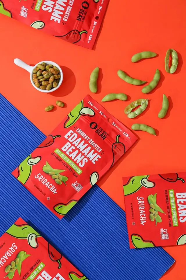 Sriracha Crunchy Roasted Edamame Beans — red packaging flat-lay