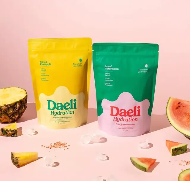 Daeli Hydration — Salted Pineapple & Salted Watermelon pouch packaging, pastel product-sty
