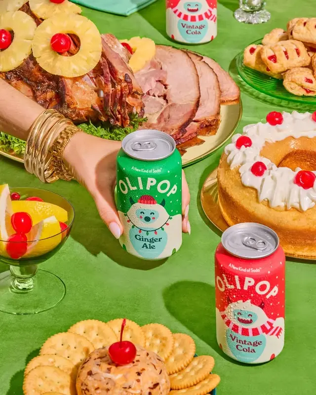 Retro holiday table with OLIPOP Ginger Ale and Vintage Cola