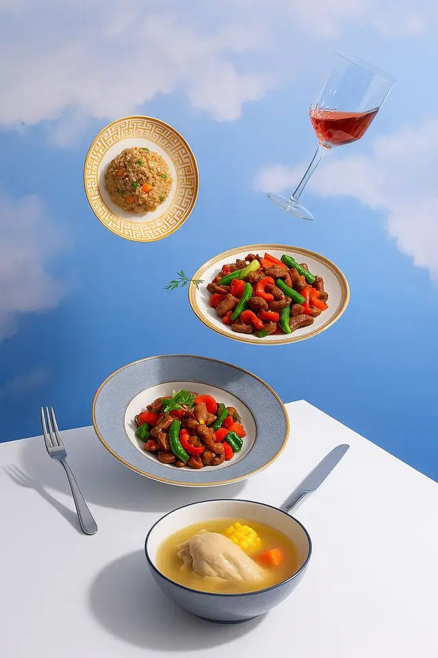 Floating Chinese-style Meal — Stir-fry, Fried Rice, Chicken Soup, Rosé