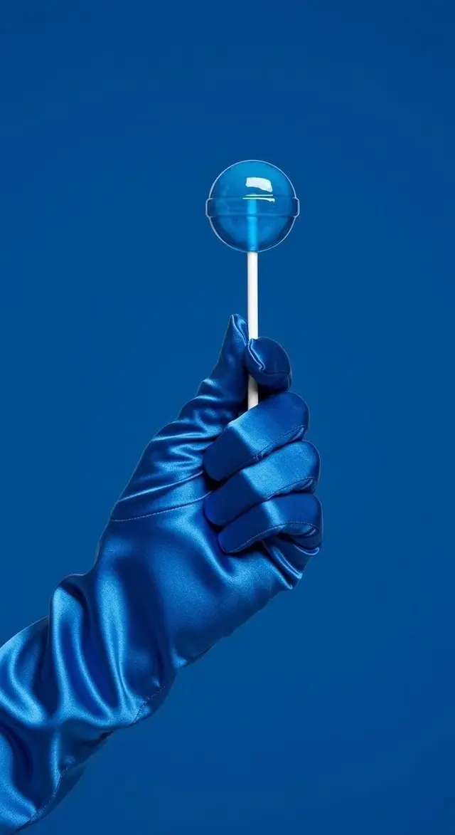 Satin blue glove holding clear blue lollipop