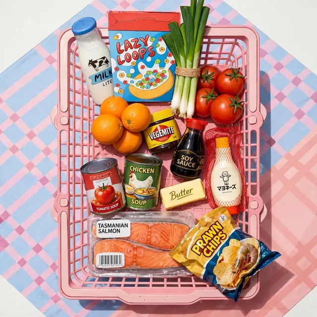 Flat-lay: Pink Shopping Basket with Groceries — Lazy Loops, Vegemite, Tasmanian Salmon