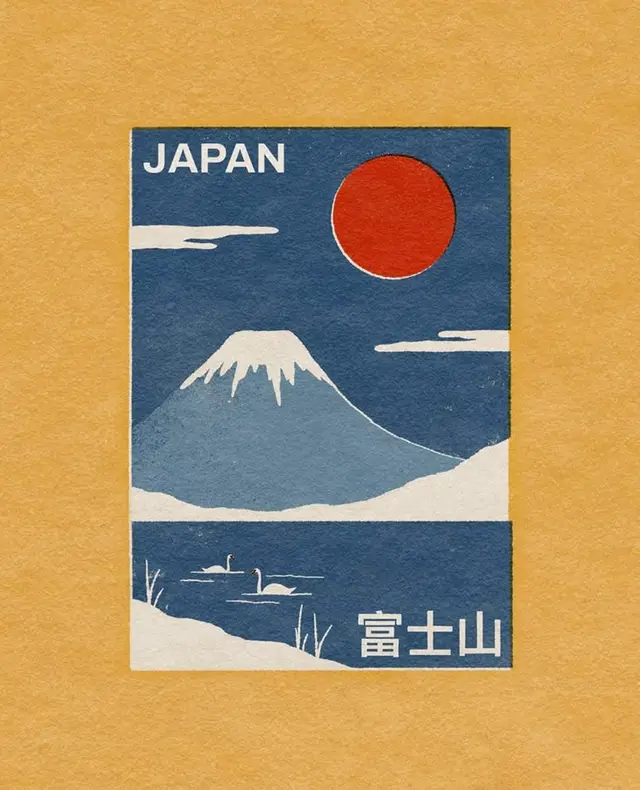 Vintage-style Japan travel poster with Mount Fuji and red sun