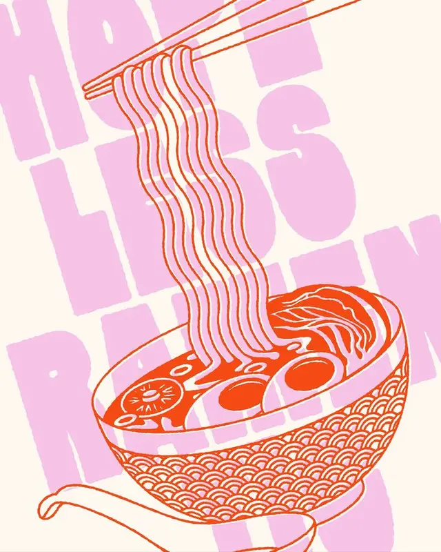Two‑Color Ramen Illustration — Chopsticks Lifting Noodles from Patterned Bowl