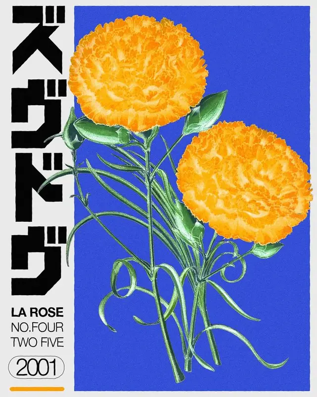 LA ROSE poster — two orange blooms on cobalt blue