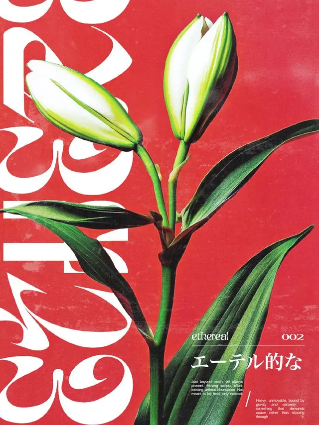 White lily buds on red poster with bold white typography